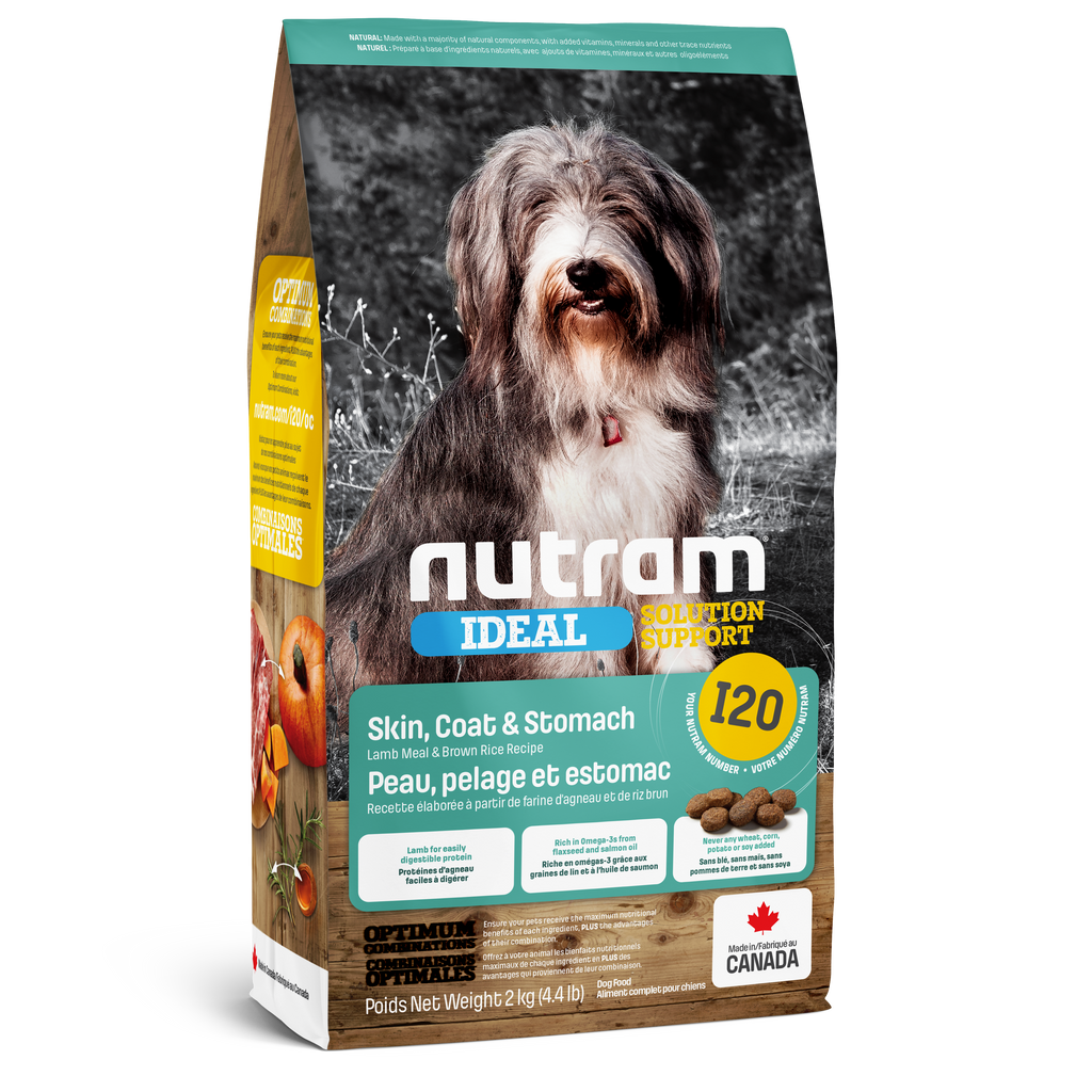 Nutram I20 - Peau, pelage et estomac Recette à l’agneau frais et au riz complet - 2KG