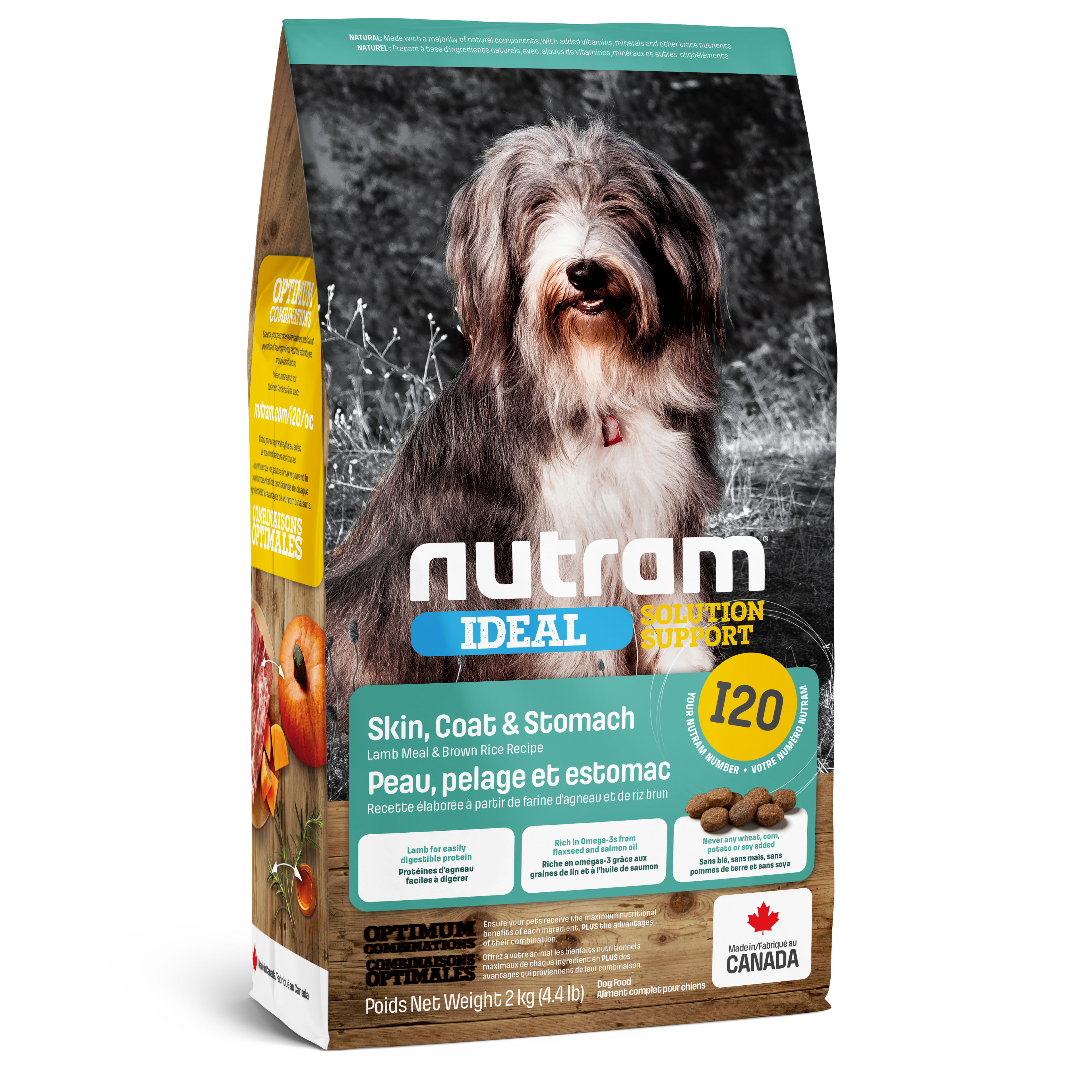 Nutram I20 - Peau, pelage et estomac Recette à l’agneau frais et au riz complet - 2KG