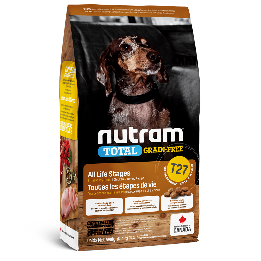 Nutram T27 - Toutes les étapes de vie Petites races et races naines Recette au poulet frais et à la dinde fraîche - 2KG