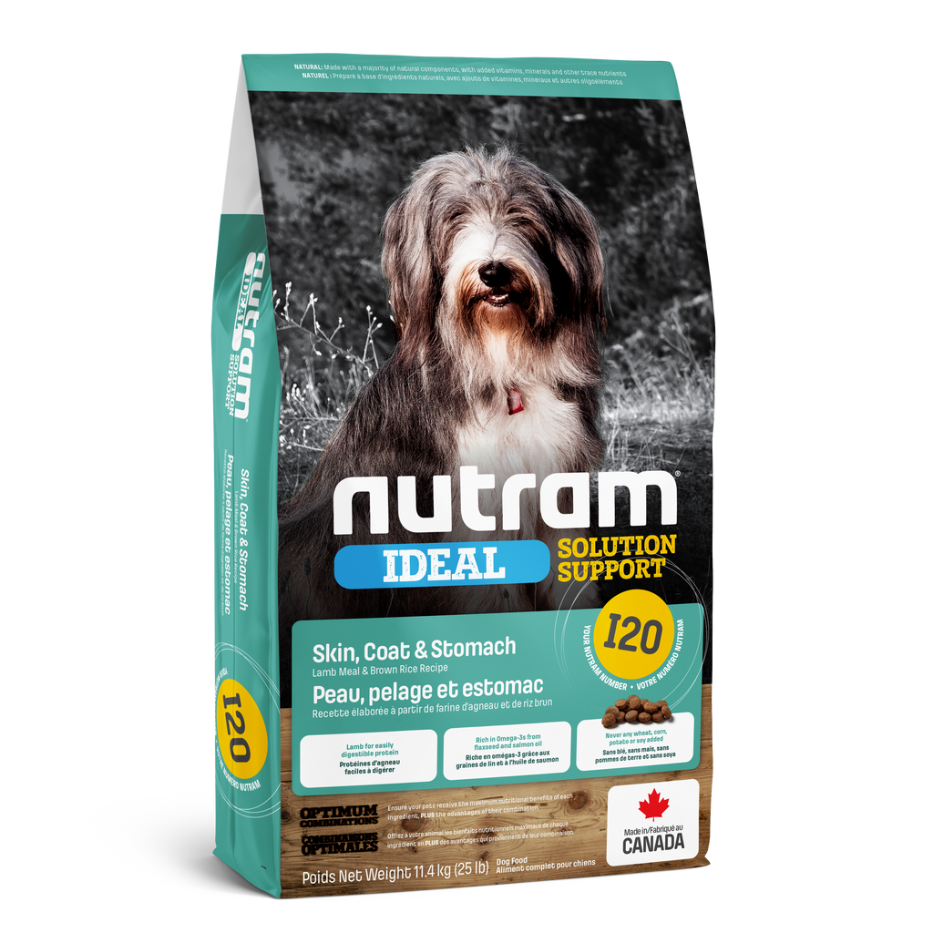 Nutram I20 - Peau, pelage et estomac Recette à l’agneau frais et au riz complet - 11KG400