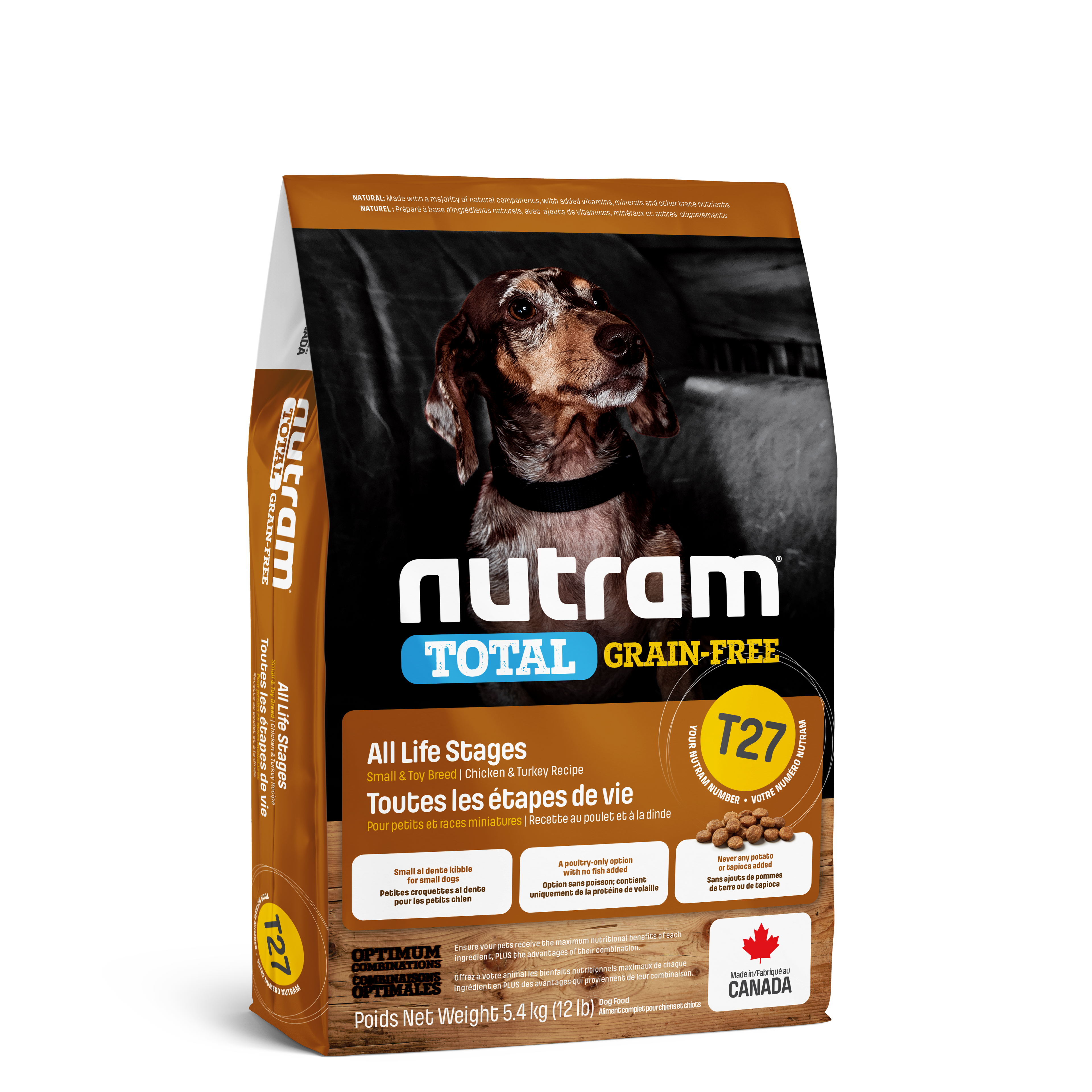 Nutram T27 - Toutes les étapes de vie Petites races et races naines Recette au poulet frais et à la dinde fraîche - 5KG400