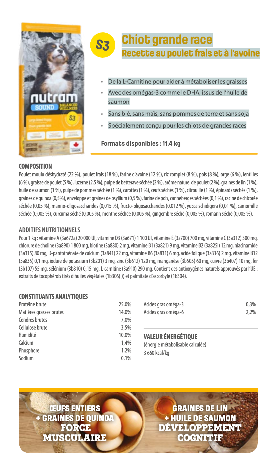 Nutram S3 - Chiot grande race Recette au poulet frais et à l’avoine 11,400 kg