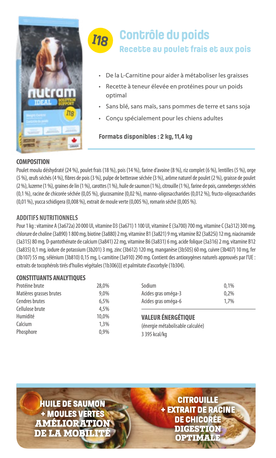 Nutram I18 - Contrôle du poids Recette au poulet frais et aux pois - 11KG400