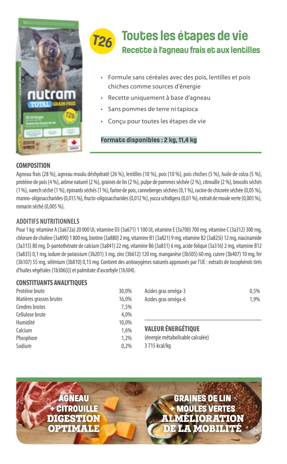 Nutram T26 - Toutes les étapes de vie Recette à l’agneau frais et aux lentilles - 2KG