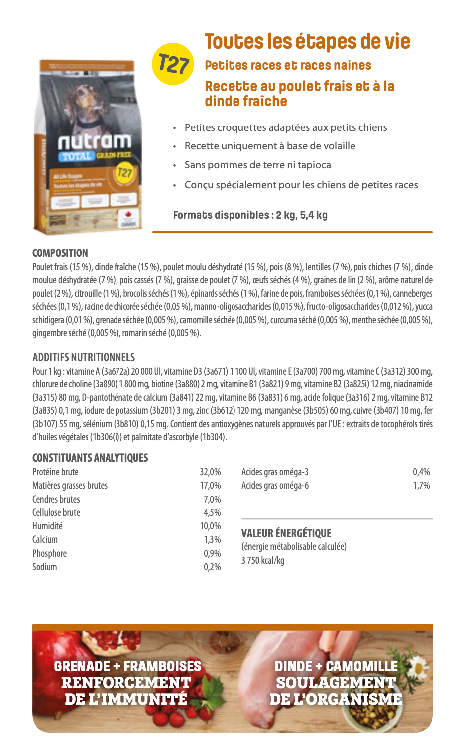 Nutram T27 - Toutes les étapes de vie Petites races et races naines Recette au poulet frais et à la dinde fraîche - 2KG