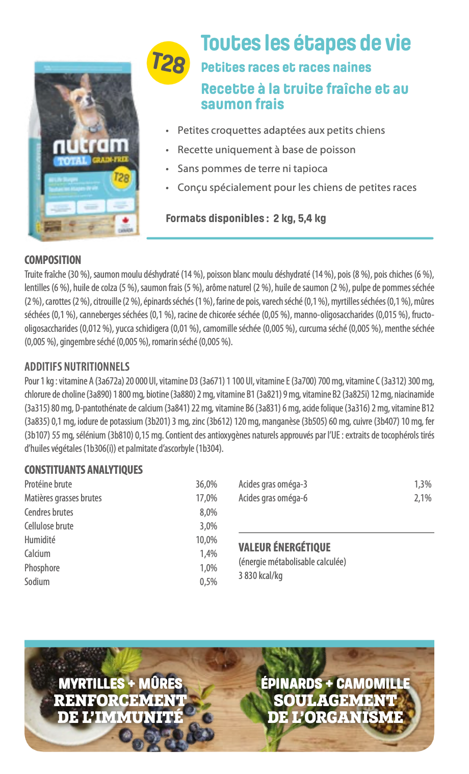 Nutram T28 - Toutes les étapes de vie Petites races et races naines Recette à la truite fraîche et au saumon frais - 2KG