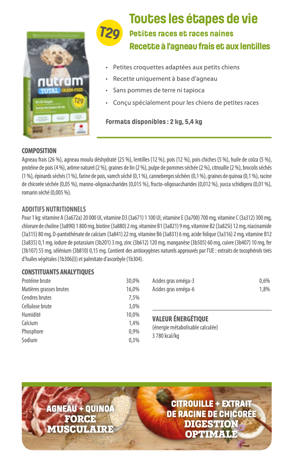 Nutram T29 - Toutes les étapes de vie Petites races et races naines Recette à l’agneau frais et aux lentilles -5KG400