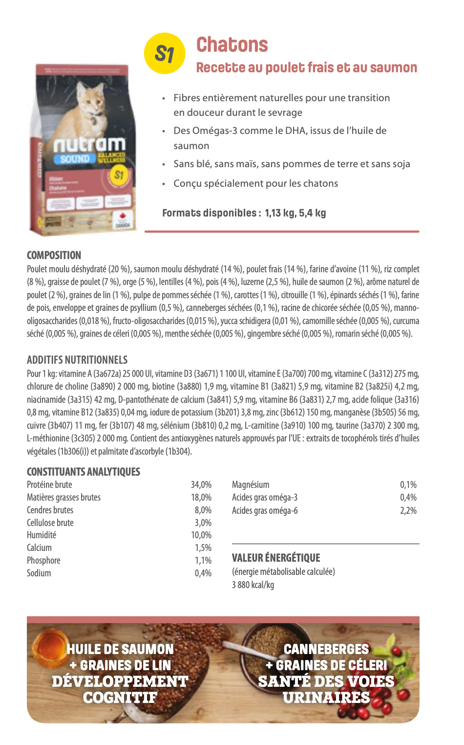 Nutram S1 - Chatons Recette au poulet frais et au saumon - 1KG130