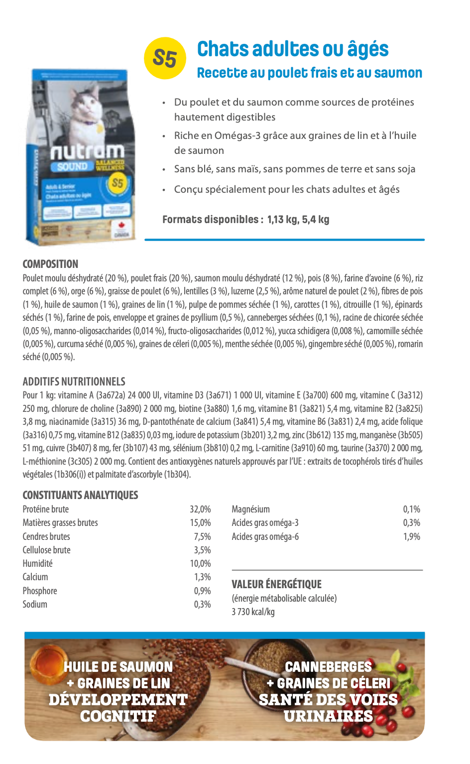 Nutram S5 - Chats adultes ou âgés Recette au poulet frais et au saumon - 5Kg400
