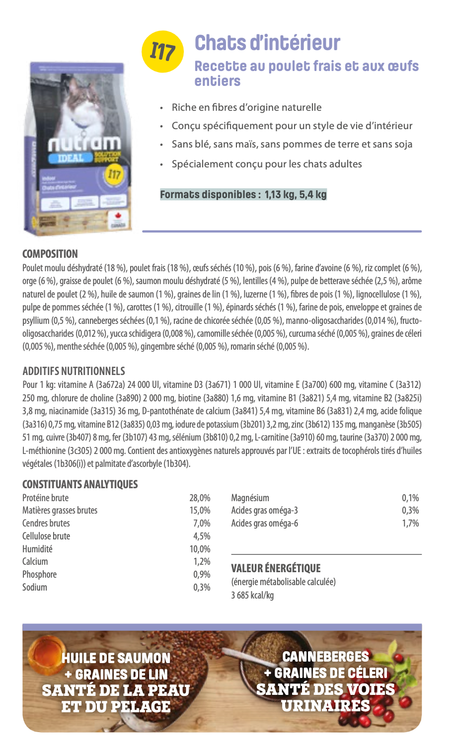 Nutram I17 - Chats d’intérieur Recette au poulet frais et aux œufs entiers - 1KG130